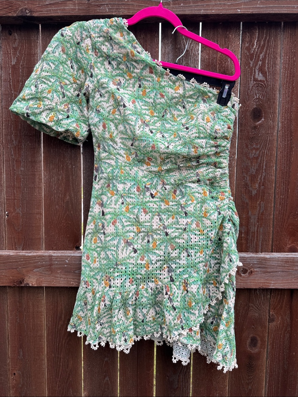 FARM Rio One-Shoulder Green Floral Eyelet Mini Toucans Dress